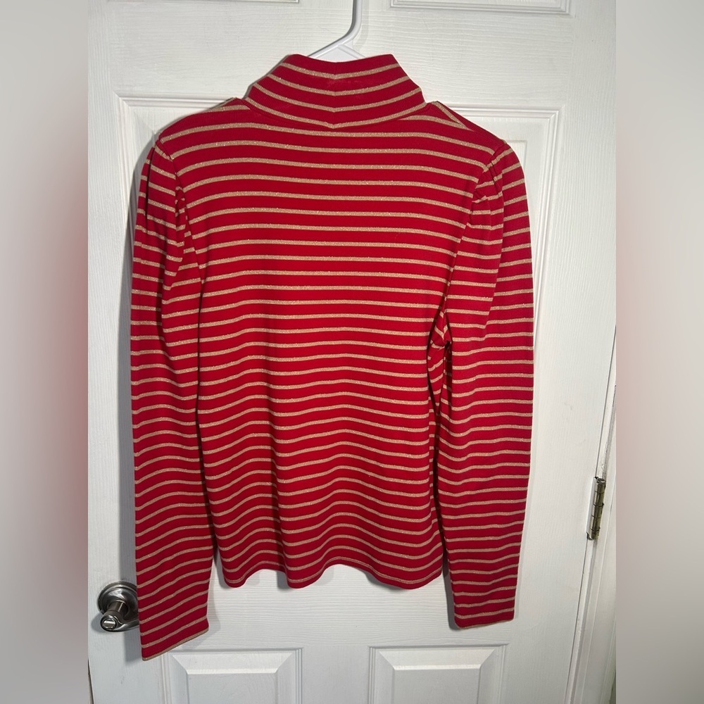 J. Crew Puff-sleeve sparkle stripe turtleneck red gold size XL - Picture 10 of 13